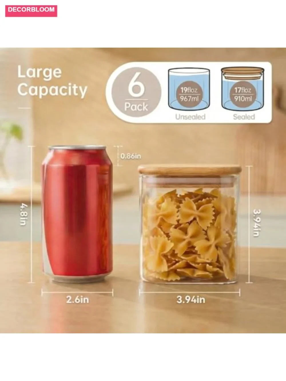 Set of 6 Square Glass Jars with Bamboo Lids, 27 oz Airtight Kitchen Canisters